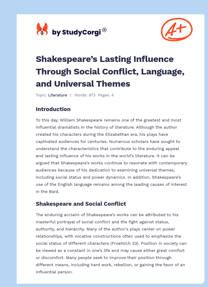 Shakespeare’s Lasting Influence Through Social Conflict, Language, and Universal Themes. Page 1