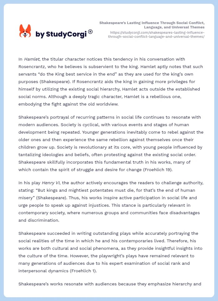 Shakespeare’s Lasting Influence Through Social Conflict, Language, and Universal Themes. Page 2
