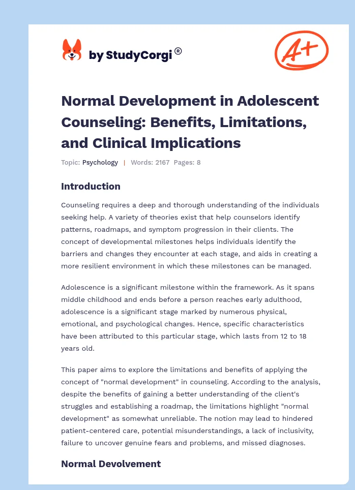 Normal Development in Adolescent Counseling: Benefits, Limitations, and Clinical Implications. Page 1