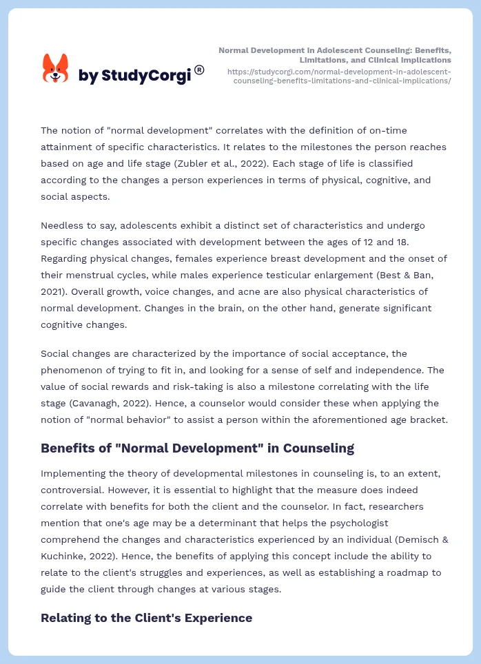 Normal Development in Adolescent Counseling: Benefits, Limitations, and Clinical Implications. Page 2