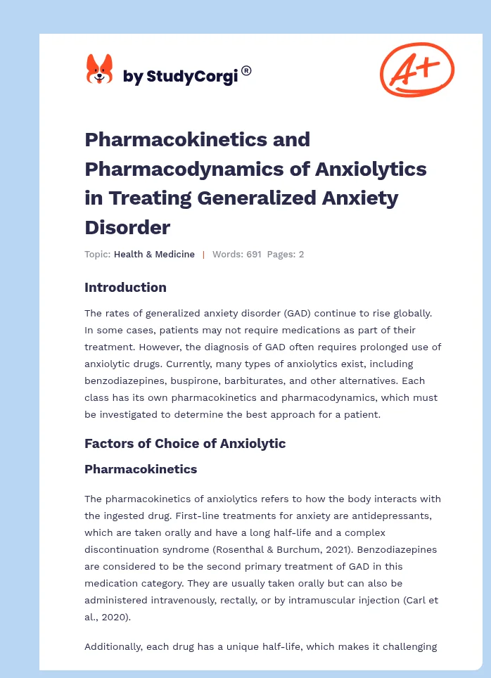 Pharmacokinetics and Pharmacodynamics of Anxiolytics in Treating Generalized Anxiety Disorder. Page 1