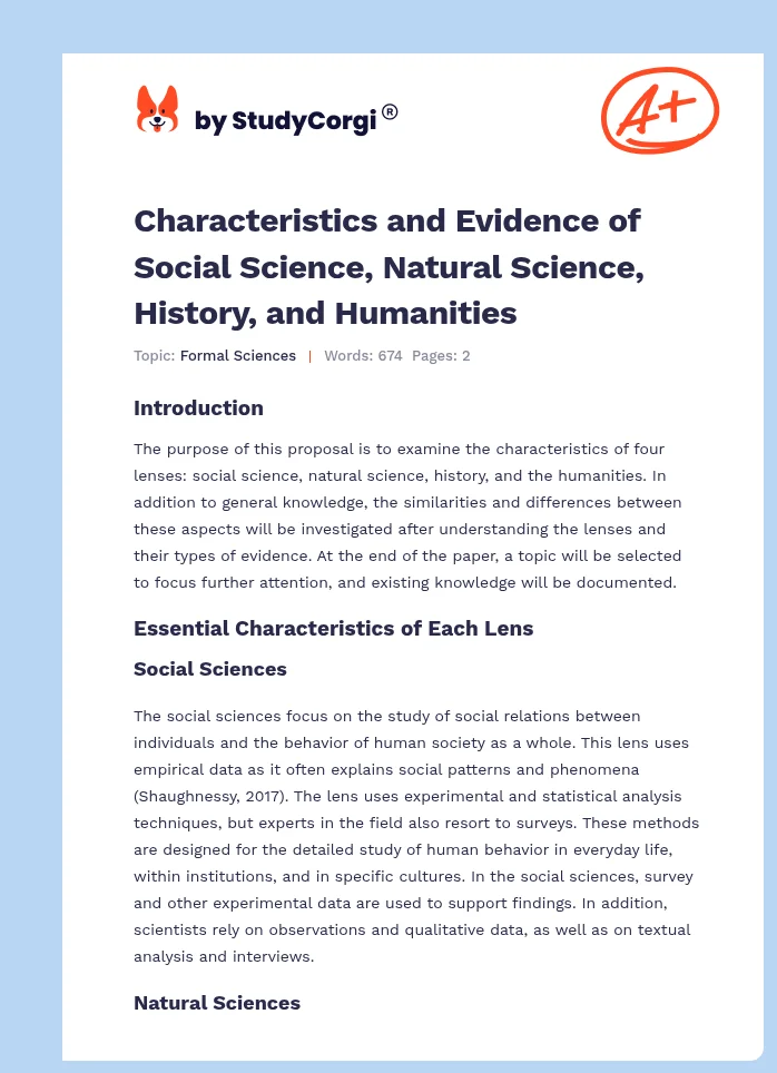 Characteristics and Evidence of Social Science, Natural Science, History, and Humanities. Page 1
