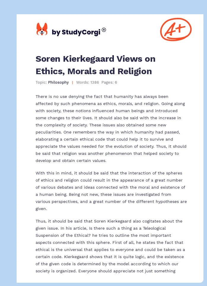 Soren Kierkegaard Views on Ethics, Morals and Religion. Page 1