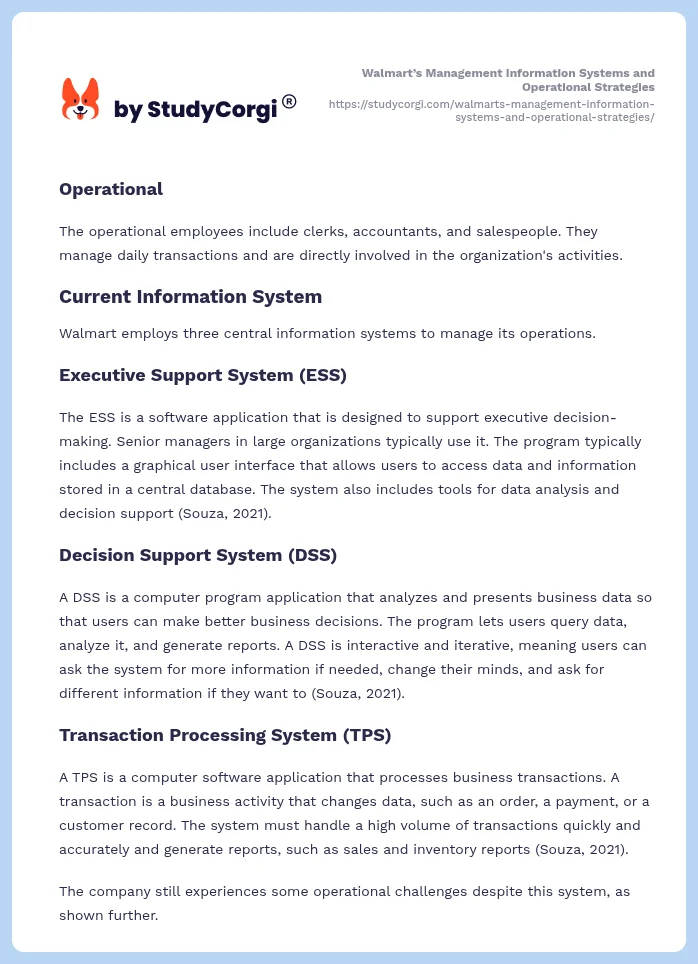 Walmart’s Management Information Systems and Operational Strategies. Page 2