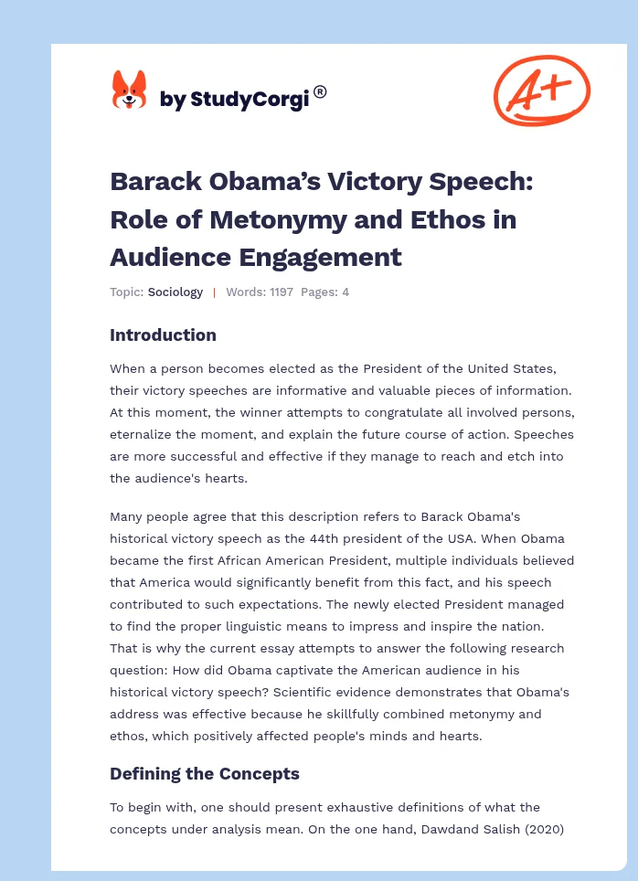Barack Obama’s Victory Speech: Role of Metonymy and Ethos in Audience Engagement. Page 1