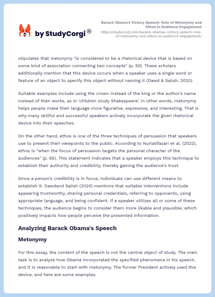 Barack Obama’s Victory Speech: Role of Metonymy and Ethos in Audience Engagement. Page 2