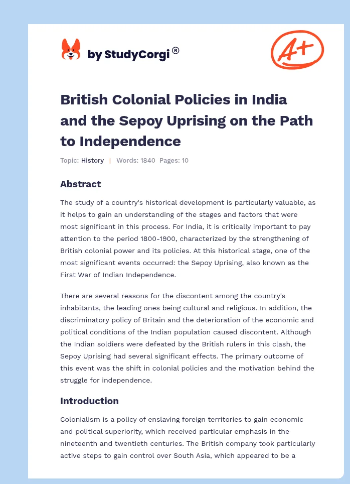 British Colonial Policies in India and the Sepoy Uprising on the Path to Independence. Page 1