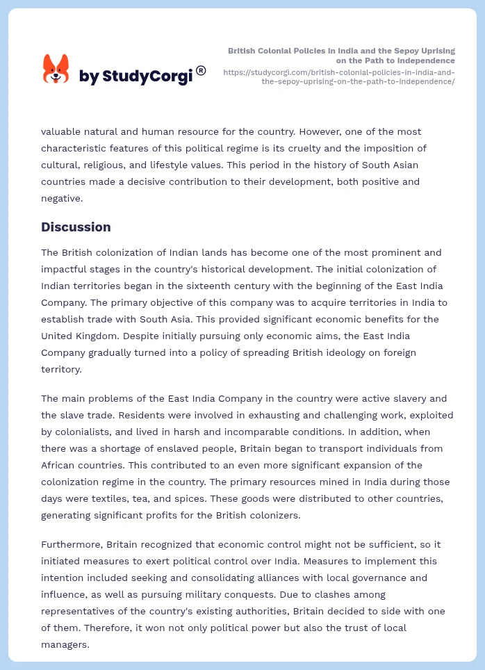 British Colonial Policies in India and the Sepoy Uprising on the Path to Independence. Page 2