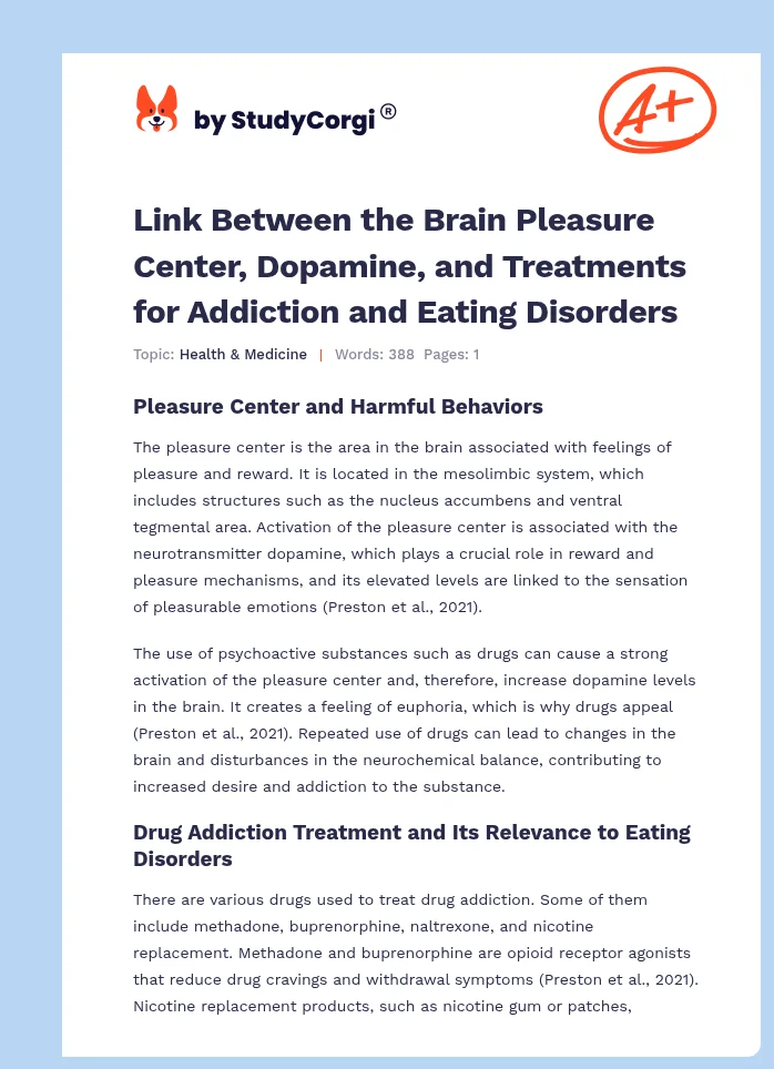 Link Between the Brain Pleasure Center, Dopamine, and Treatments for Addiction and Eating Disorders. Page 1