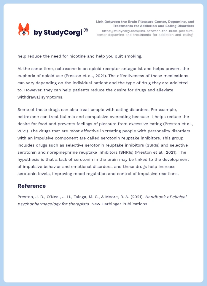 Link Between the Brain Pleasure Center, Dopamine, and Treatments for Addiction and Eating Disorders. Page 2