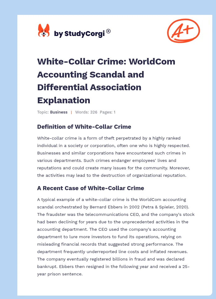 White-Collar Crime: WorldCom Accounting Scandal and Differential Association Explanation. Page 1