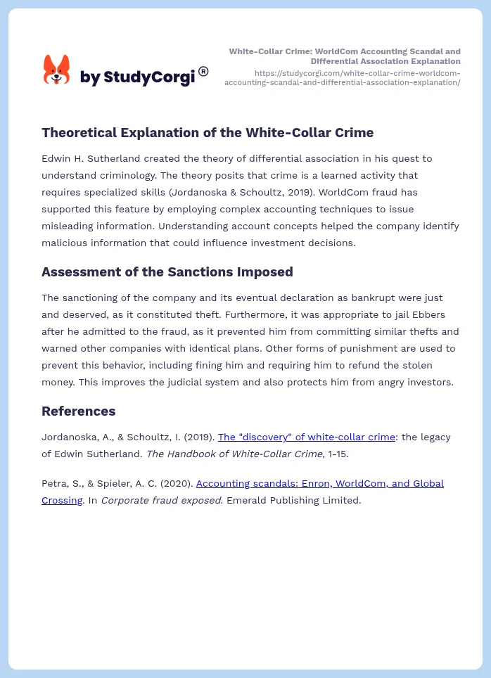 White-Collar Crime: WorldCom Accounting Scandal and Differential Association Explanation. Page 2