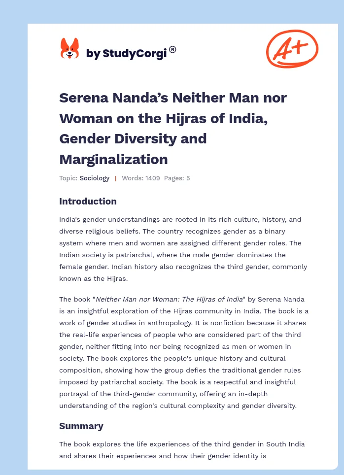 Serena Nanda’s Neither Man nor Woman on the Hijras of India, Gender Diversity and Marginalization. Page 1