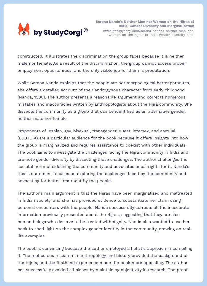 Serena Nanda’s Neither Man nor Woman on the Hijras of India, Gender Diversity and Marginalization. Page 2