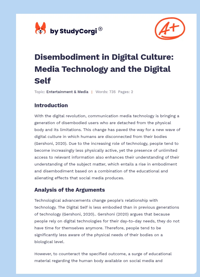 Disembodiment in Digital Culture: Media Technology and the Digital Self. Page 1