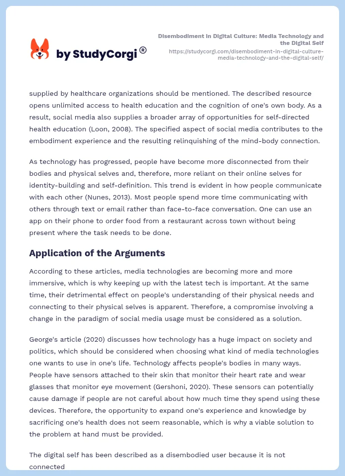 Disembodiment in Digital Culture: Media Technology and the Digital Self. Page 2