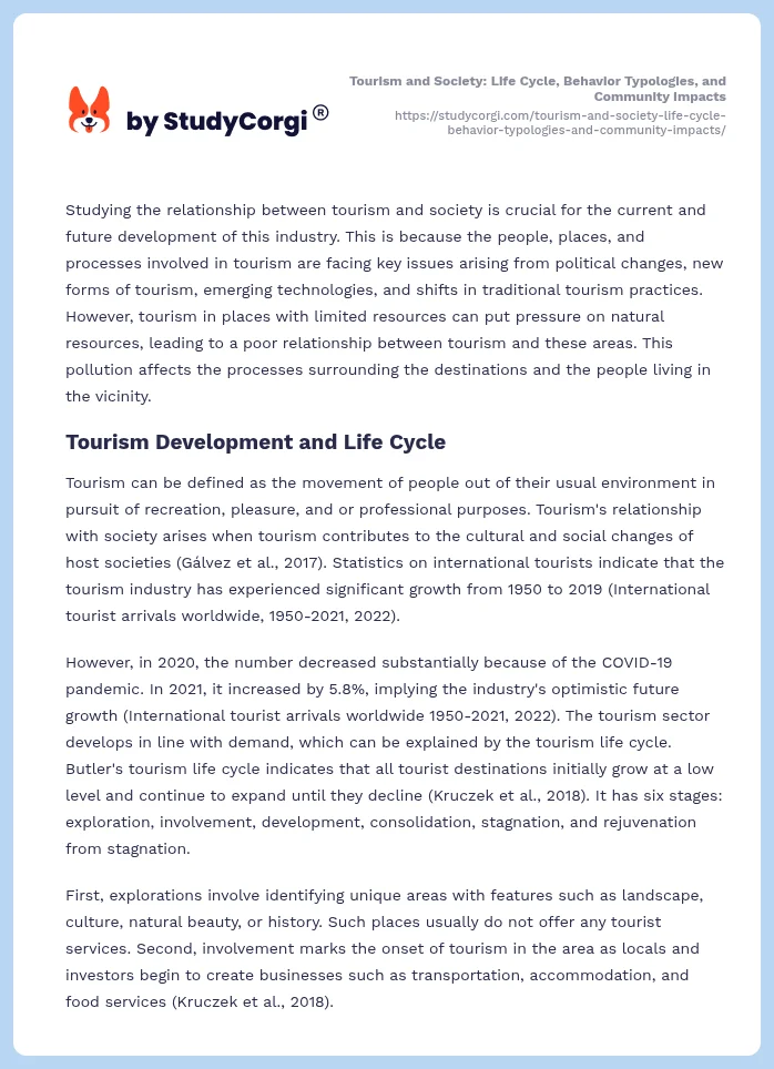 Tourism and Society: Life Cycle, Behavior Typologies, and Community Impacts. Page 2