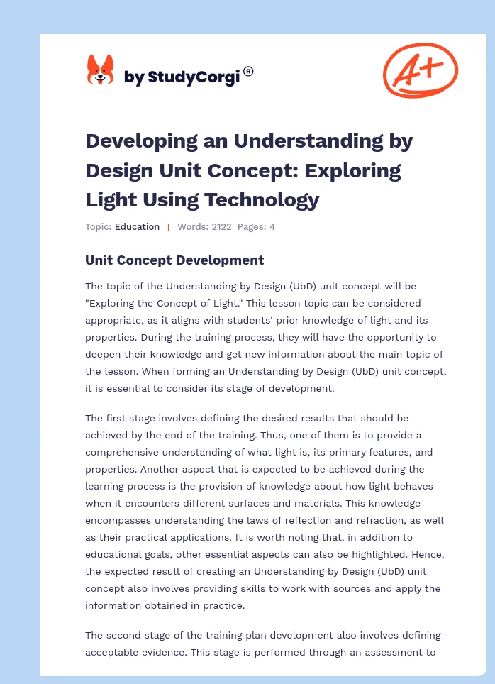 Developing an Understanding by Design Unit Concept: Exploring Light Using Technology. Page 1