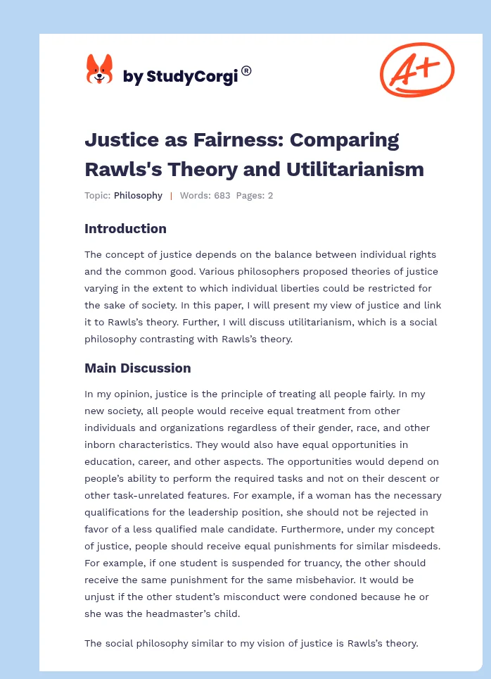 Justice as Fairness: Comparing Rawls's Theory and Utilitarianism. Page 1