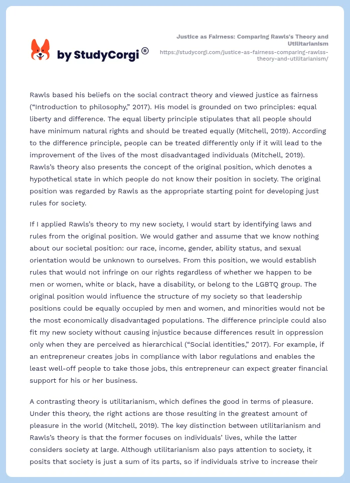 Justice as Fairness: Comparing Rawls's Theory and Utilitarianism. Page 2