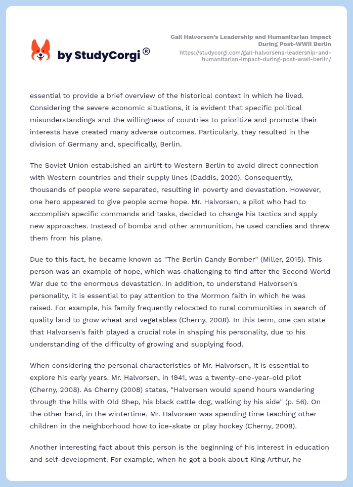 Gail Halvorsen’s Leadership and Humanitarian Impact During Post-WWII Berlin. Page 2