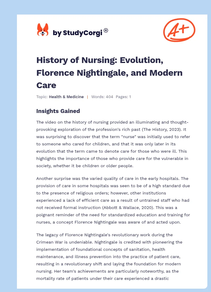 History of Nursing: Evolution, Florence Nightingale, and Modern Care. Page 1