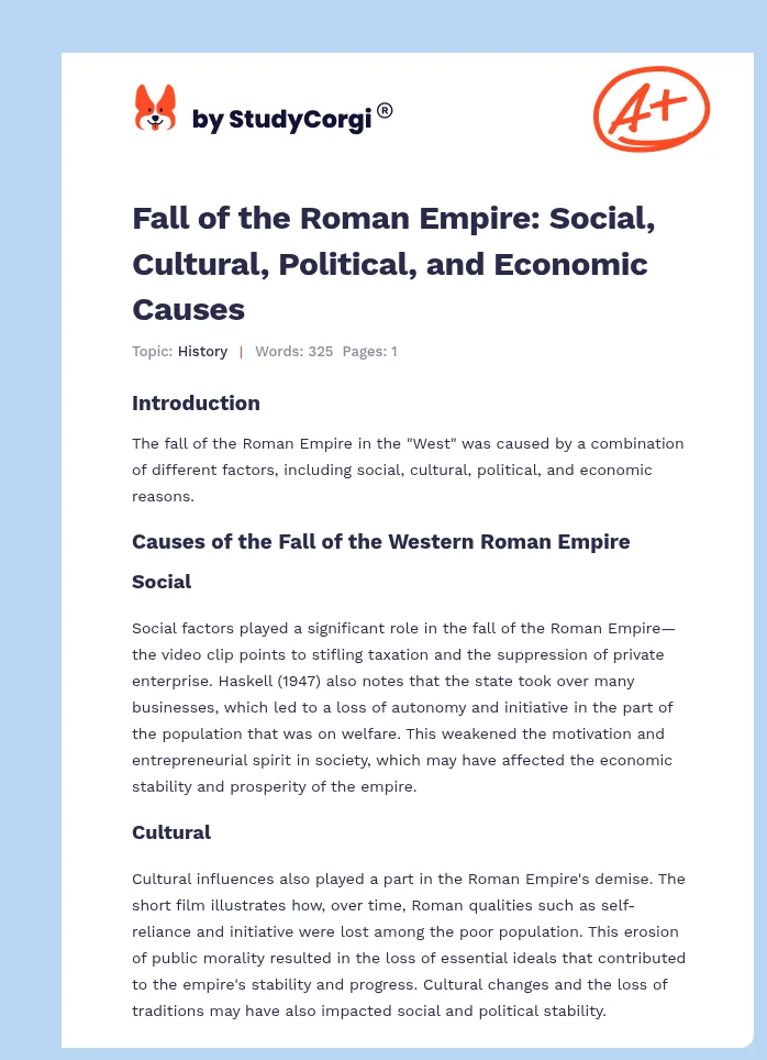 Fall of the Roman Empire: Social, Cultural, Political, and Economic Causes. Page 1