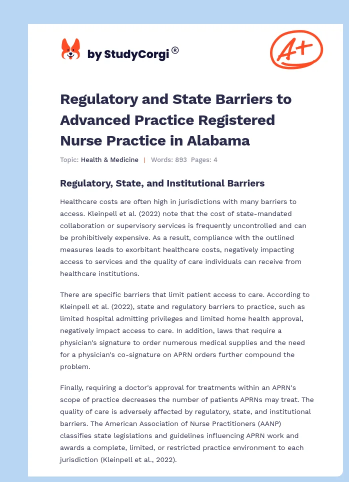 Regulatory and State Barriers to Advanced Practice Registered Nurse Practice in Alabama. Page 1