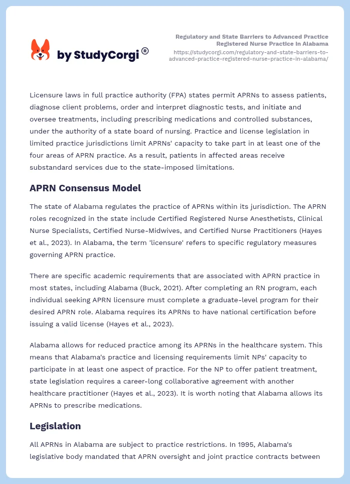 Regulatory and State Barriers to Advanced Practice Registered Nurse Practice in Alabama. Page 2