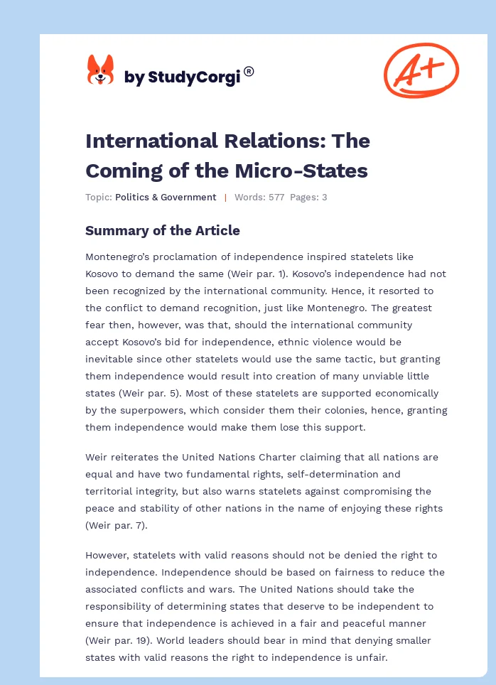 International Relations: The Coming of the Micro-States. Page 1