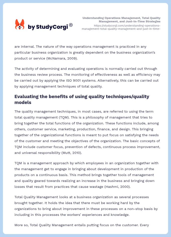 Understanding Operations Management, Total Quality Management, and Just-In-Time Strategies. Page 2