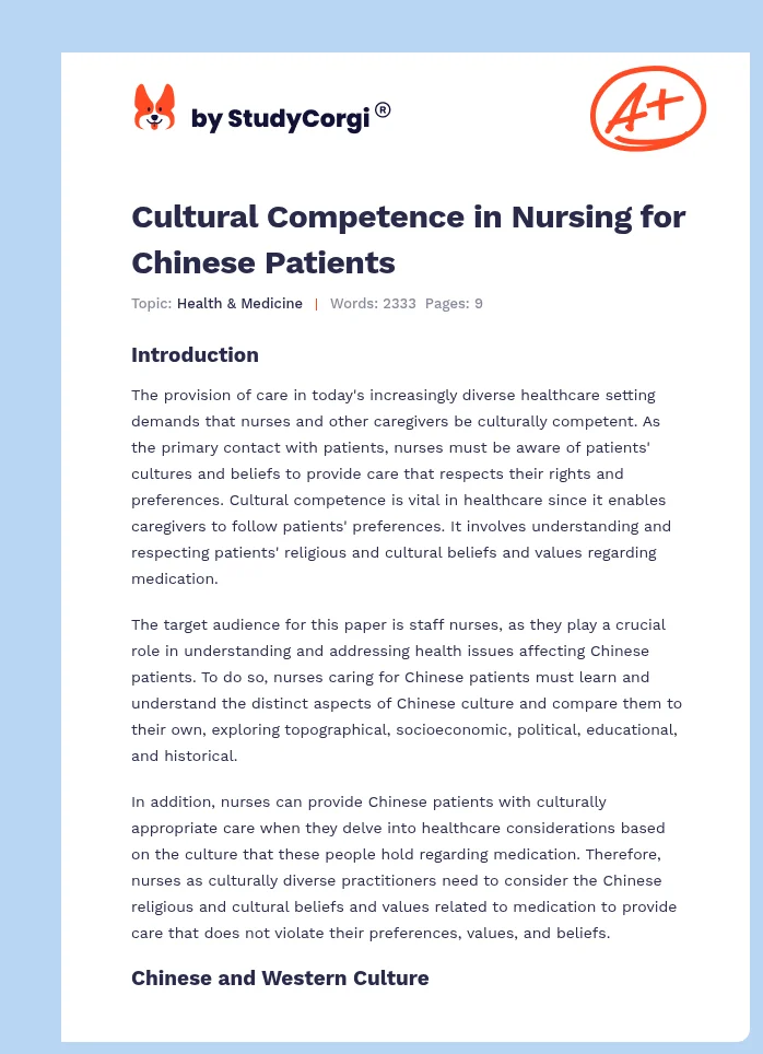 Cultural Competence in Nursing for Chinese Patients. Page 1