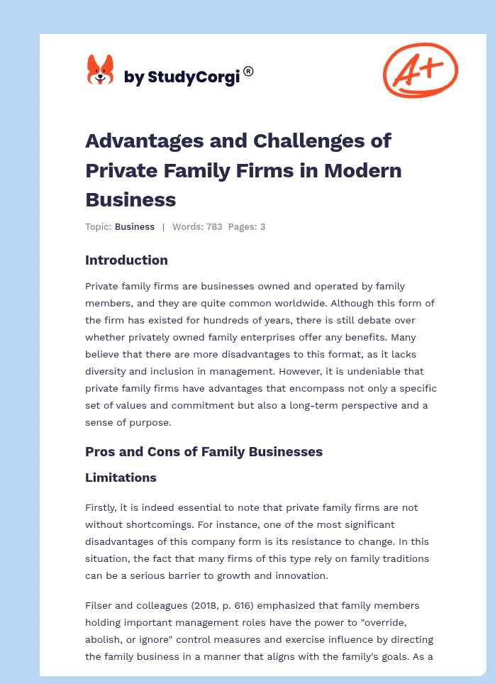 Advantages and Challenges of Private Family Firms in Modern Business. Page 1