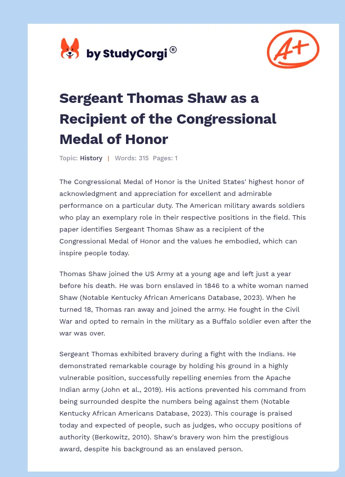 Sergeant Thomas Shaw as a Recipient of the Congressional Medal of Honor. Page 1