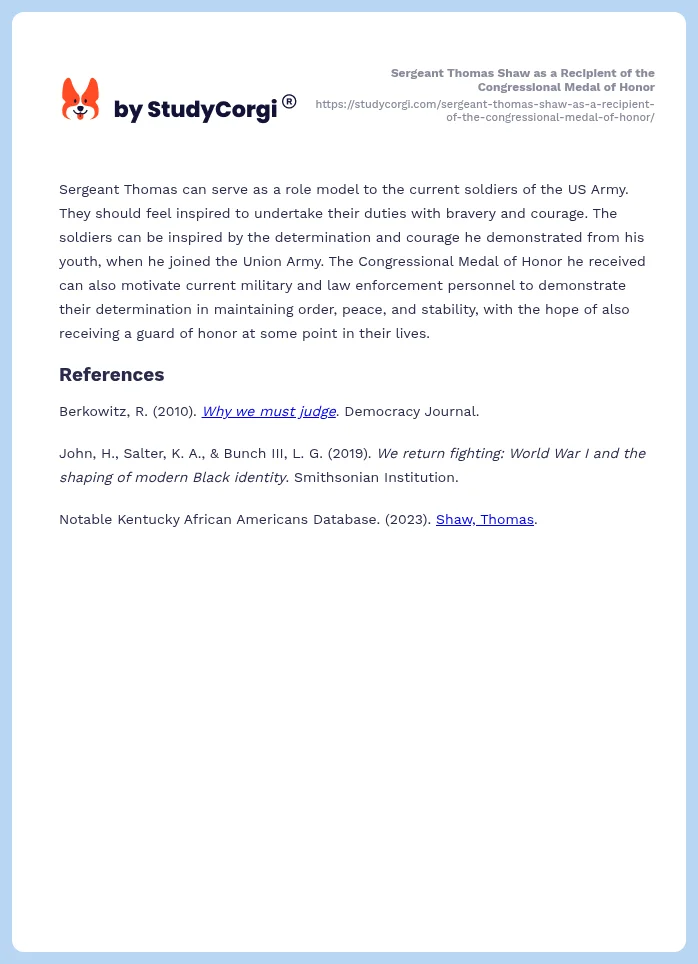 Sergeant Thomas Shaw as a Recipient of the Congressional Medal of Honor. Page 2