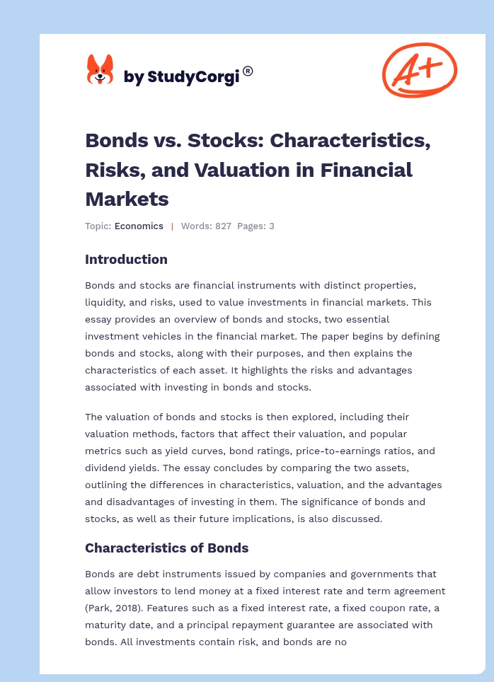 Bonds vs. Stocks: Characteristics, Risks, and Valuation in Financial Markets. Page 1