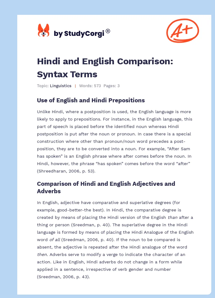 Hindi and English Comparison: Syntax Terms. Page 1