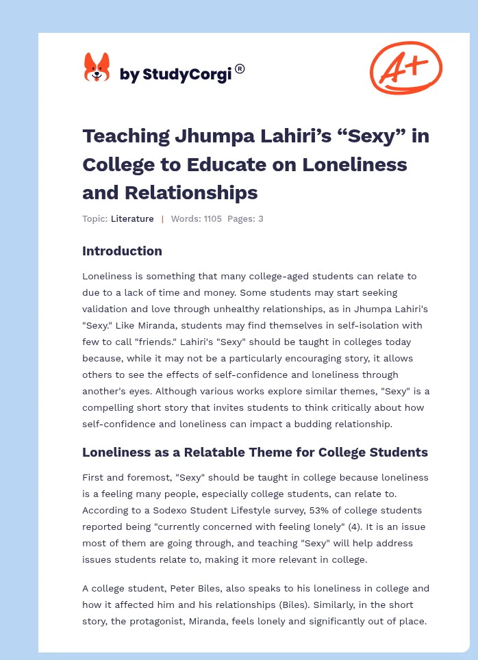 Teaching Jhumpa Lahiri’s “Sexy” in College to Educate on Loneliness and Relationships. Page 1