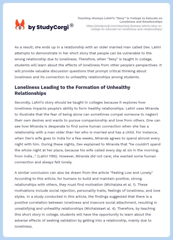 Teaching Jhumpa Lahiri’s “Sexy” in College to Educate on Loneliness and Relationships. Page 2