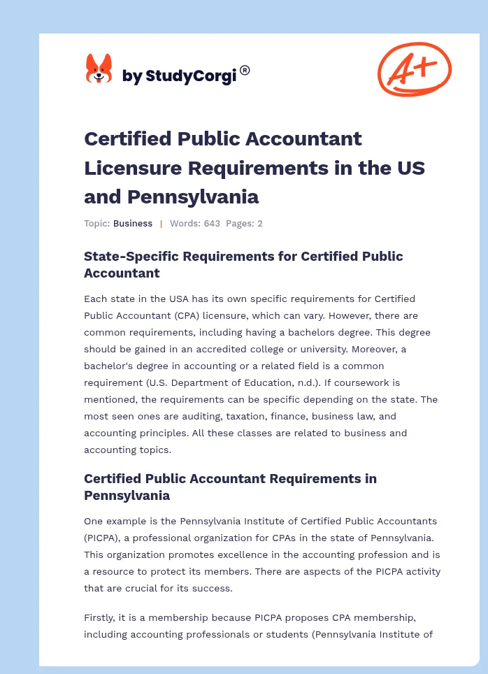 Certified Public Accountant Licensure Requirements in the US and Pennsylvania. Page 1