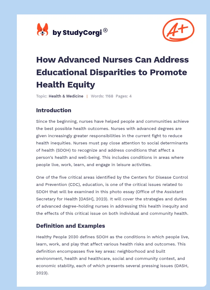 How Advanced Nurses Can Address Educational Disparities to Promote Health Equity. Page 1