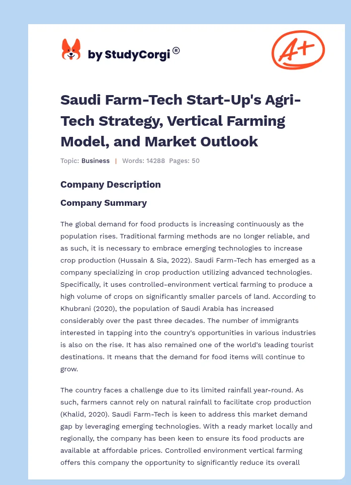 Saudi Farm-Tech Start-Up's Agri-Tech Strategy, Vertical Farming Model, and Market Outlook. Page 1