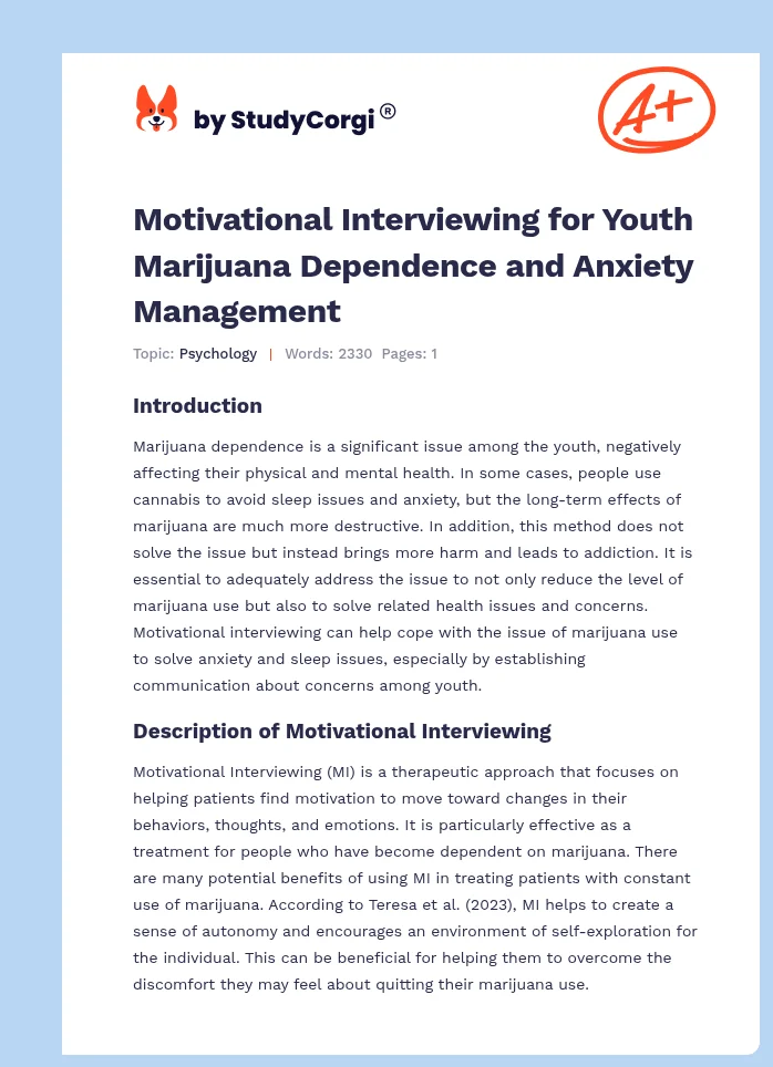 Motivational Interviewing for Youth Marijuana Dependence and Anxiety Management. Page 1