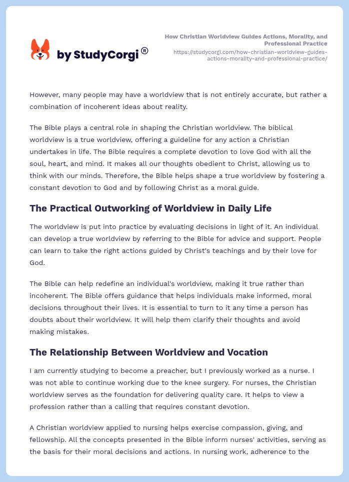 How Christian Worldview Guides Actions, Morality, and Professional Practice. Page 2