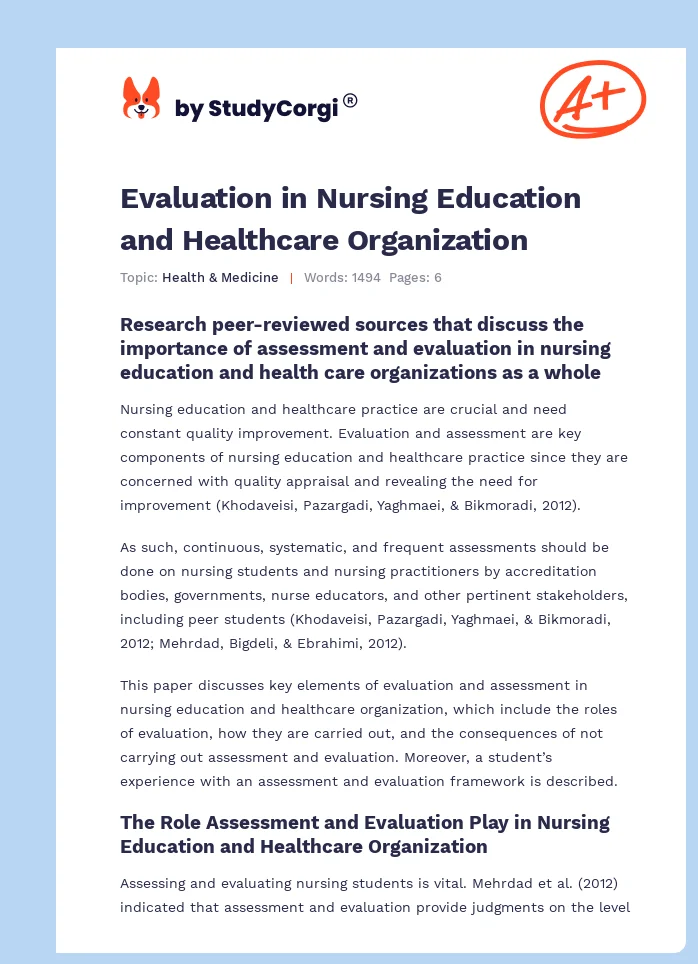 Evaluation in Nursing Education and Healthcare Organization. Page 1