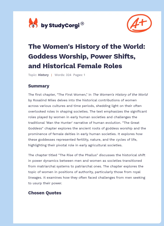 The Women's History of the World: Goddess Worship, Power Shifts, and Historical Female Roles. Page 1