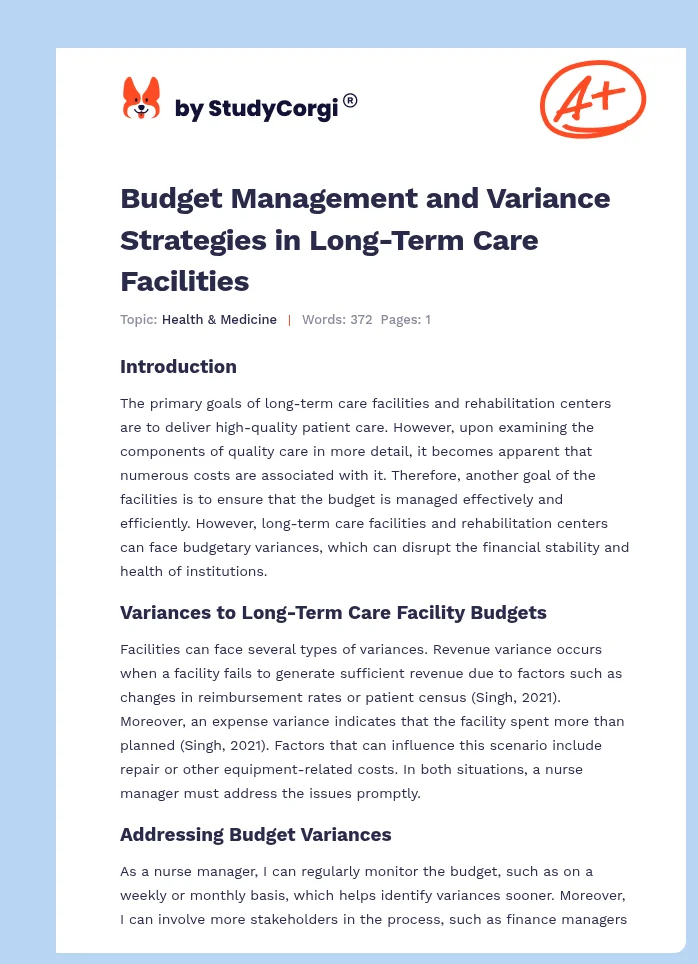 Budget Management and Variance Strategies in Long-Term Care Facilities. Page 1