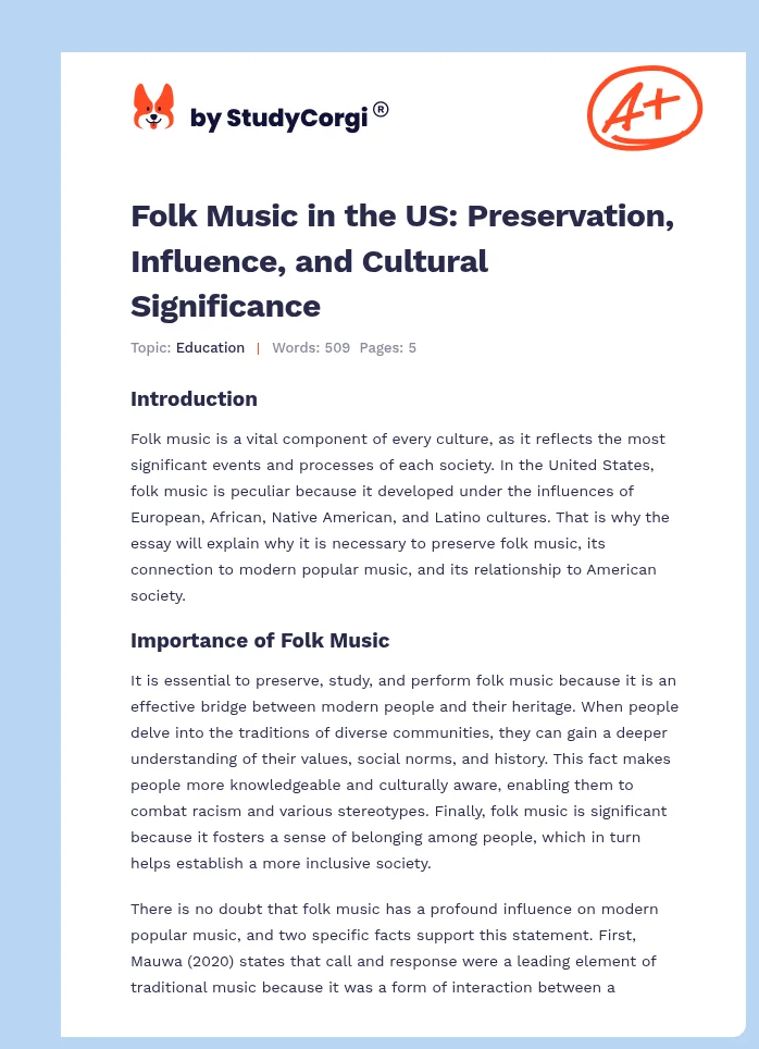 Folk Music in the US: Preservation, Influence, and Cultural Significance. Page 1