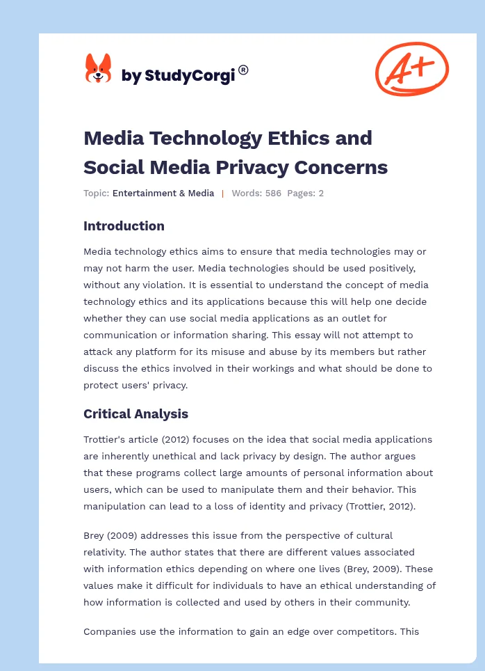 Media Technology Ethics and Social Media Privacy Concerns. Page 1