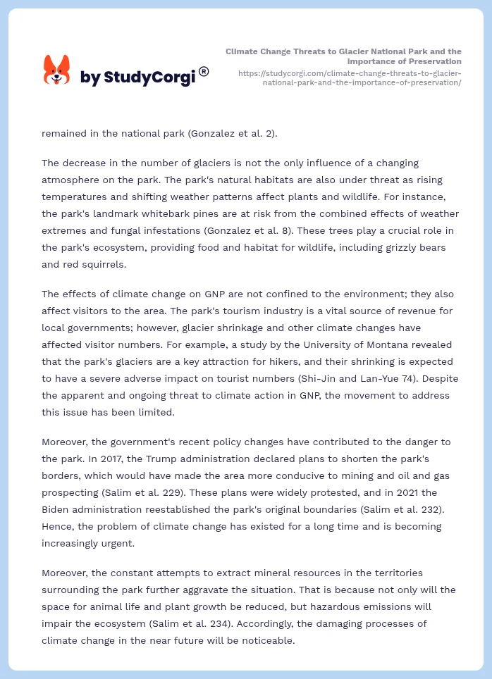 Climate Change Threats to Glacier National Park and the Importance of Preservation. Page 2